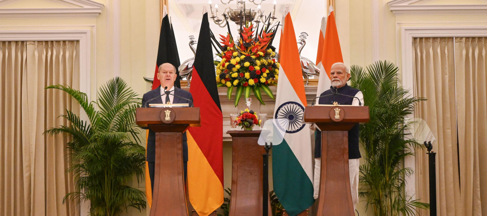 German Chancellor Olaf Scholz with Prime Minister Narendra Modi attend a joint press conference, at Hyderabad House, on October 25, 2024 in New Delhi, India. 