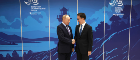 Russian President Vladimir Putin greets Chinese Vice President Han Zheng at the Eastern Economic Forum in Vladivostok, Russia on September 4, 2024